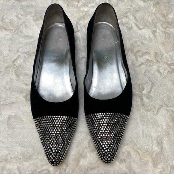 Escada Vero Cuoio Black Pointed Toe Crystal Rhinestone Velvet Flats Size 39.5 - Picture 2 of 13